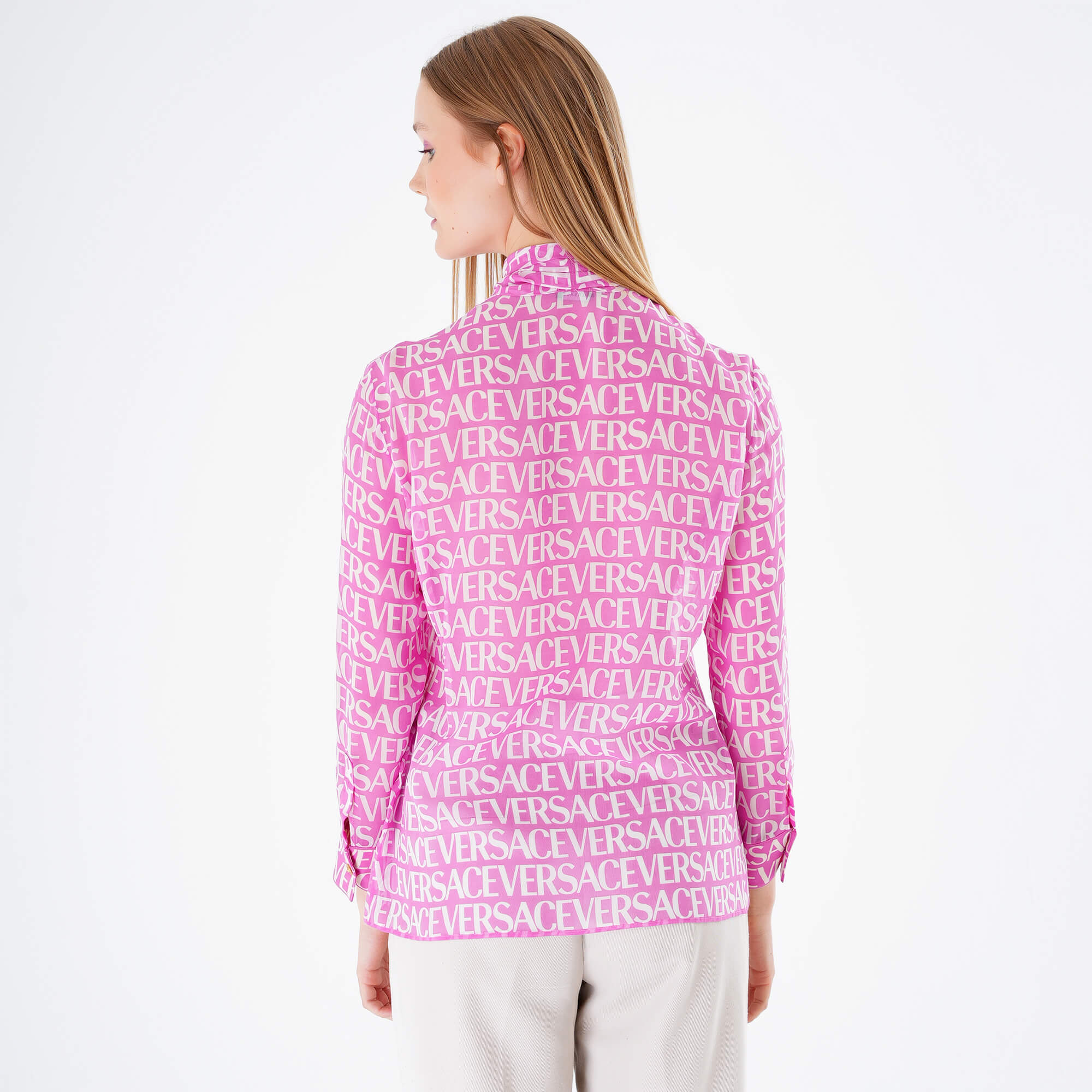 Versace - Logo Printed Silk Chiffon Blouse in Pink IT42